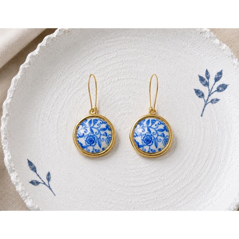 Anthropologie Flower Earrings Tile White Ceramic Blue Gold Hoop Boho Portugal - Picture 4 of 9